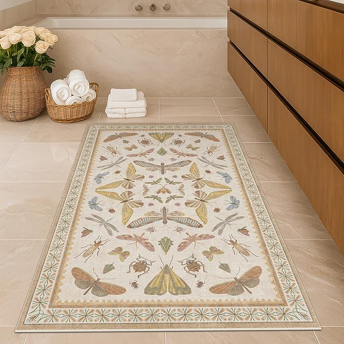 Beige Neutral Small Rugs for Bedroom - 3x4 Throw Rug for Large Entryway, Kitchen, Nursery Room, Insect Print Floral Non-Slip Accent Rug Low Pile Stain Resistant