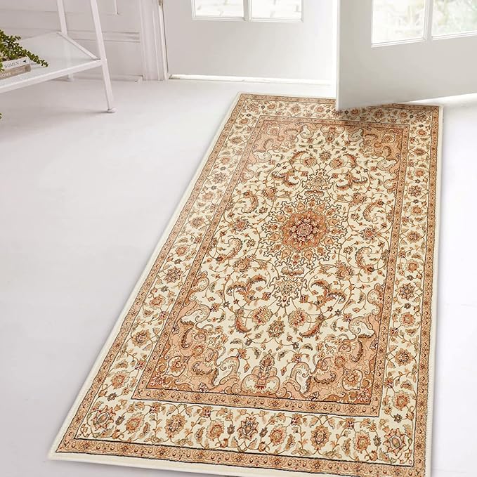 COMSLE Boho Area Rug, 2' x 4' Machine Washable Rugs for Entryway Faux Wool Small Rugs Distressed Throw Rug Non-Slip Floor Carpet for Indoor Bedroom Kitchen Living Room Cream/Beige-2
