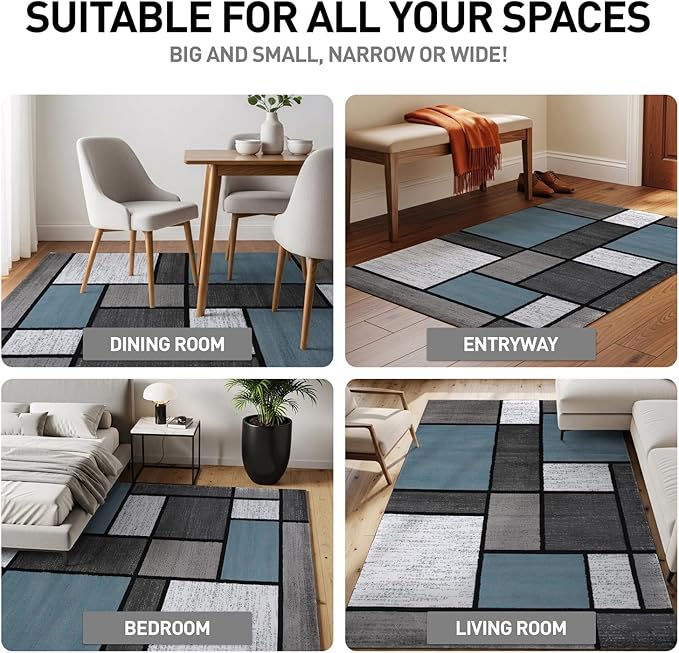 Rugshop Modern Geometric Boxes Blue Area Rug, Non-Shedding Carpet for Living Room,Kitchen, Bedroom, or Home Office, 5'3" x 7'3"