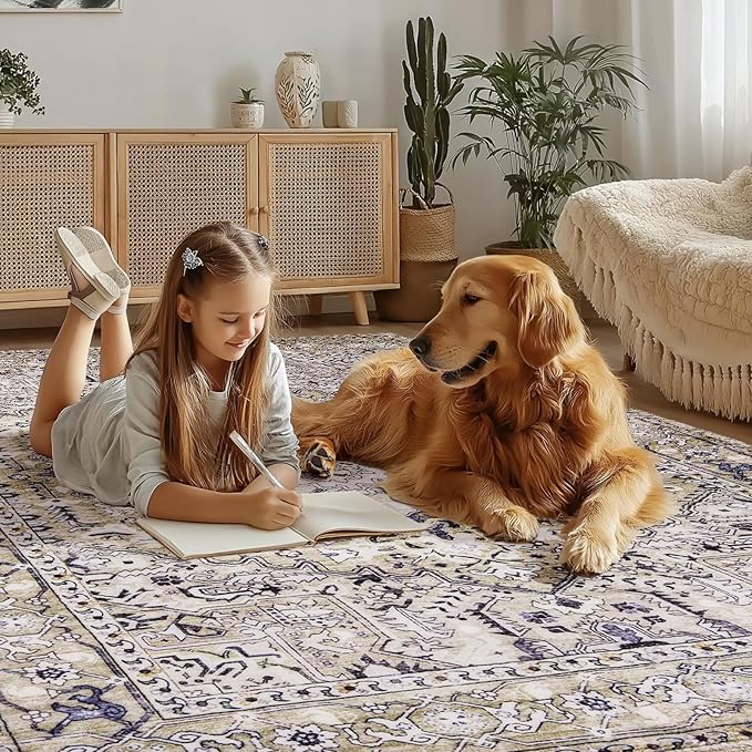 PURRUGS Vintage Farmhouse Boho Area Rug 5x7 ft, Non-Slip Machine Washable Rug, Accent Oriental Rug for Living Room, Dining Room, Bedroom, Entryway and Kitchen, Taupe/Vanilla