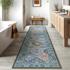 Phantoscope Washable Runner Rug 2'x10' Non-Slip, Vintage Boho Hallway Rugs for Entryway, Stair, Bedroom, Distressed Moroccan Mosaic Diamond Pattern, Low-Pile Foldable Floor Carpet, Blue Teal/Neutral