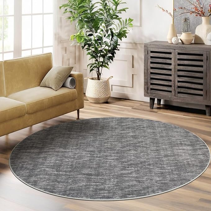 RUGSREAL Washable 4ft Round Rug Modern Solid Area Rug Circle Rug for Entryway Kitchen Indoor Non-Slip Dining Room Throw Carpet Contemporary Area Rug for Bedroom Living Room Nursery, 4' x 4' Round Grey