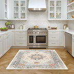 Area Rugs Square 6ft Washable Non-Slip, Floral Vintage Distress Print Pattern Medallion Carpet for Living Room Bedroom Dining Room, Beige Navy Blue Orange Colorful