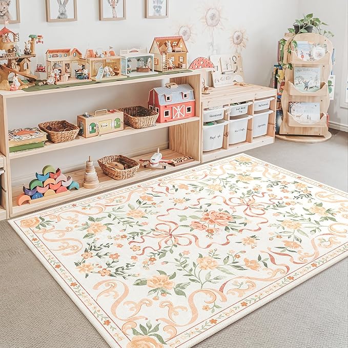 Orange Rug Bow Floral Rug 3x5, Washable Boho Area Rugs Non Slip Low Pile Carpet for Girls Room Bedroom, Bedside, Kitchen, Entryway, Kids Room, Soft Ultra-Thin Indoor Elegant Rugs