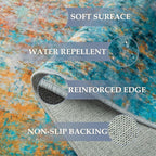 Washable Area Rugs 9'x12' Non-Slip Modern Abstract Soft for Living Room Entryway Bedroom Nursery, Print Pattern, Teal Blue Green Orange Rust Red Coloreful