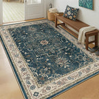 Vintage Blue Area Rugs 5x8, Non Slip Washable Rug for Living Room Bedroom, Dark Medallion Distressed Printed Low Pile Thin Carpet Rugs for Dining Room/Kitchen/Home Office, Deep Blue/Multi