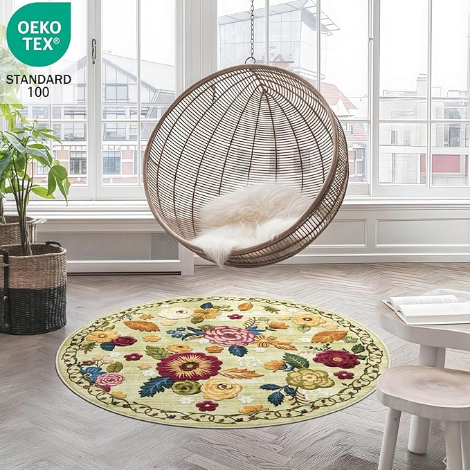 4ft Round Machine Washable Area Rug for Living Room, Green Vintage Boho Floral Rug Large Non-Slip Low Pile Soft Faux Wool Carpet, Kids and Pets Friendly for Bedroom Nursery Farmhouse Home Decor Rug