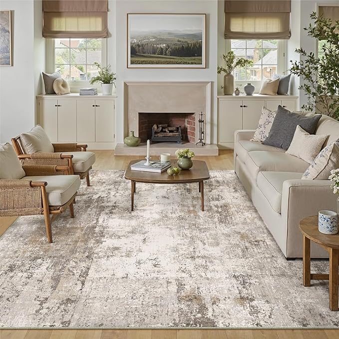 8x10 Washable Area Rug Brown Grey Abstract Living Room Bedroom Carpet Neutral Modern Non Slip Soft Low Pile Indoor Large Throw Rug for Dining Room Office