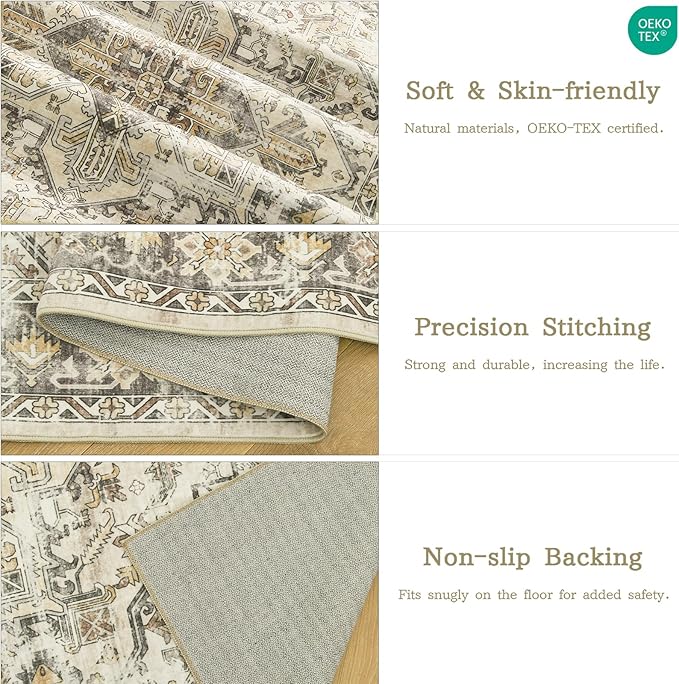 zesthome 5x7 Area Rugs - Ultra-Thin Washble Rug, Stain Resistant Anti Slip Backing Rugs for Living Room,Bedroom, Vintage Home Decor Area Rug (Beige/Brown,5'x7')