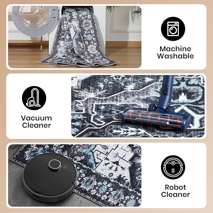 8x10 Area Rugs for Living Room, Machine Washable Non-Slip Low Pile Faux Wool Boho Vintage Carpet, Non-Shedding Large Rug for Bedroom Dining Room Office, Black
