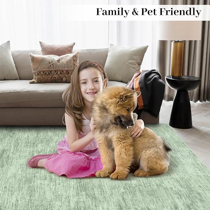 RUGSREAL Bedroom Area Rug 4x6 Modern Abstract Area Rug Stain Resistant Small Living Room Rug Contemporary Dining Room Rug Non-Slip Solid Rug Aesthetic Accent Floor Carpet for Kitchen Office, Green