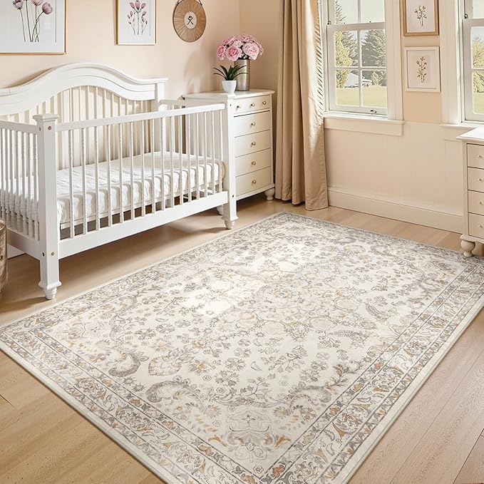 Wonnitar Vintage 5x7 Washable Rug, Neutral Rugs for Living Room Decor, Beige Non Slip Ultra-Thin Soft Boho Floral Room Carpet for Bedroom Nursery Dining Room Farmhouse Office Home Décor