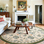 jinchan Elora 8ft Floral Round Rug for Dining Room Washable Living Room Rug Vintage Romance Design Non Slip Indoor Floor Cover Lightweight Low-Profile Throw Carpet for Bedroom Porch Patio, Green/Beige
