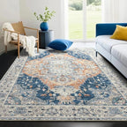 Area Rugs 5x7, Low Pile Washable Rugs, Soft Vintage Distressed Rugs for Bedroom, Living Room, Dining Room, Water Repellent, Non Shedding, Blue and Orange