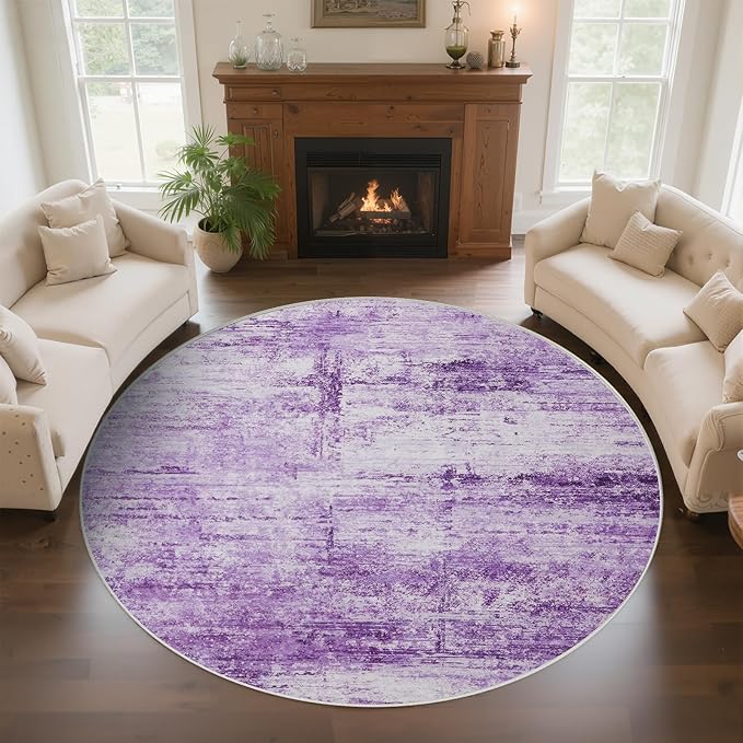 Round 4ft Abstract Rug, Modern Washable Indoor Circle Area Rugs for Living Room, Soft Circular Non-Slip Carpet Floor Mat for Entryway Bathroom Dining Room Home Office - Abstract Purple