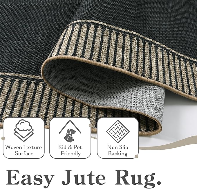 Moynesa Striped Border Easy Jute Outdoor Rug 4x6, Washable Indoor Outdoor Patio Area Rugs for Balcony Backyard Non Slip, Modern Classic Farmhouse Carpet for Living Room, Black