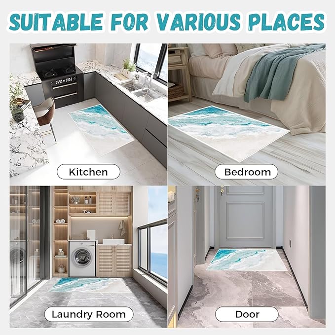 Beach Pattern Small Rug 2x3ft Runner Rug Non Slip Washable Kitchen Runner Rug with Rubber Backing，Low-Pile Soft Indoor Door mats Washable Runner Rugs for Hallway Entryway Kitchen Bedroom
