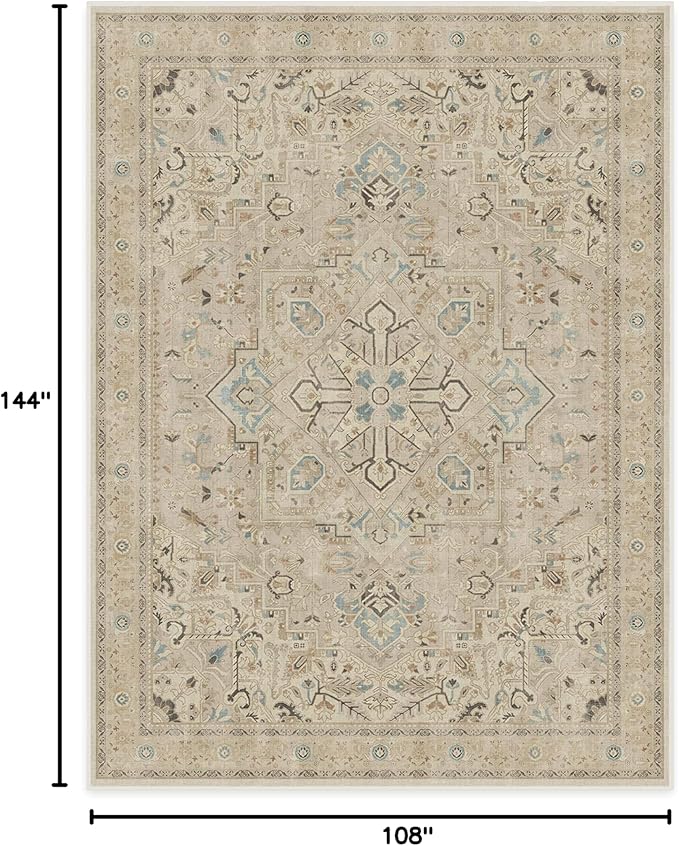 RUGGABLE Washable Vintage Area Rug – Kamran Ivory Opal 9x12, Stain-Resistant, Non-Slip – Large Machine Washable Rugs for Living Room, Bedroom, Hallway, Entryway & Office–with Cushioned Pad
