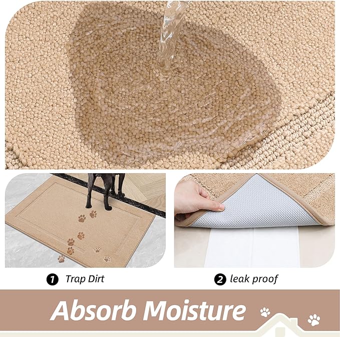 BEQHAUSE Dog Door Mat for Muddy Paws 24"x36" Dirt Trapper Absorbent Doormat Non Slip Entryway Rugs Washable Stain Resistant Welcome Floor Mat Soft Low-Profile for Front Back Door, Beige