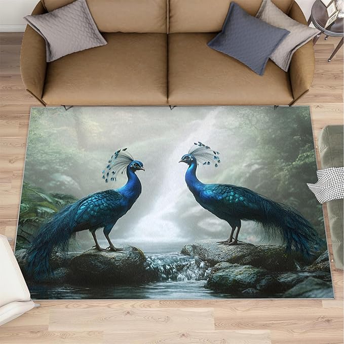 Peacock Rug 4x5-4x5 Rug, Peacock Couples Area Rugs for Bedroom, Nature Waterfall Rugs for Living Room, Animal Bird Washable Mat, Teal Turquoise Carpet - Peafowl Home Decor & Gifts