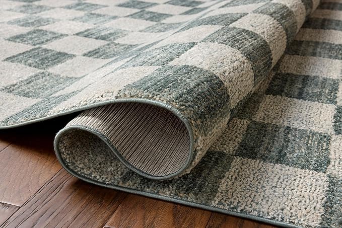 Loloi Chris Loves Julia Calvin Collection CLV-01 Blue/Ivory 9'-6" x 12'-6" Area Rug Checkered Neutral Soft Living Room Bedroom Carpet