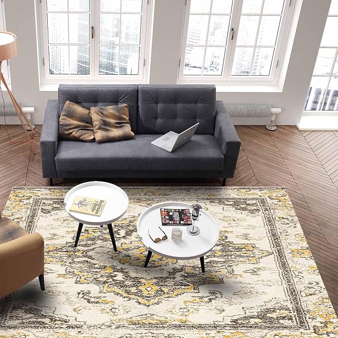Bohemian Pattern Rectangular Area Rugs for Living Room Bedroom 4 x 6 ft Brown & Yellow Abstract Non-Shedding Soft Low Pile Rug Non Slip Washable Rug for Nursery Entryway Playroom