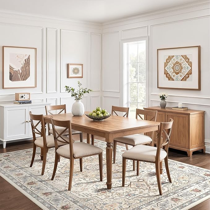 6x8 Area Rug Living Room: Washable Boho Large Neutral Vintage Soft Rugs Stain Resistant Farmhouse Non Slip Indoor Floor Carpet for Bedroom Nursery Kids Playroom Office Dining Room- Cream Blue