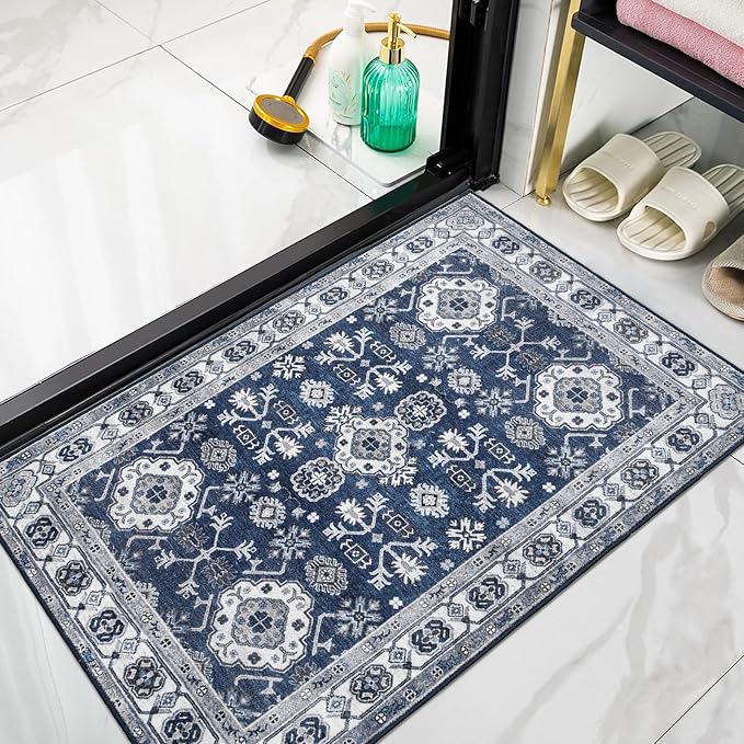 VK VK·LIVING Entryway Washable Rug 2'x3' Small Boho Bathroom Throw Area Rug Non Slip Doormat Indoor Front Door Machine Washable Carpet for Bathroom Kitchen Vintage (Navy)