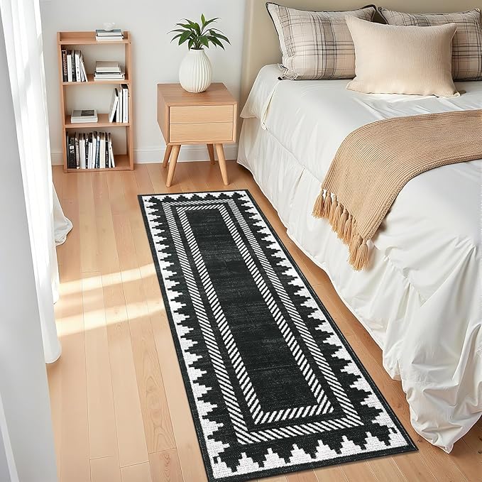 Modern Geometric Bordered 2×6 Non Slip Low Pile Runner Rugs for Kitchen Hallway Modern Stain Resistant Soft Indoor Carpet Foldable Machine Washable Non Shedding Bedroom Dining Room Rug, Black