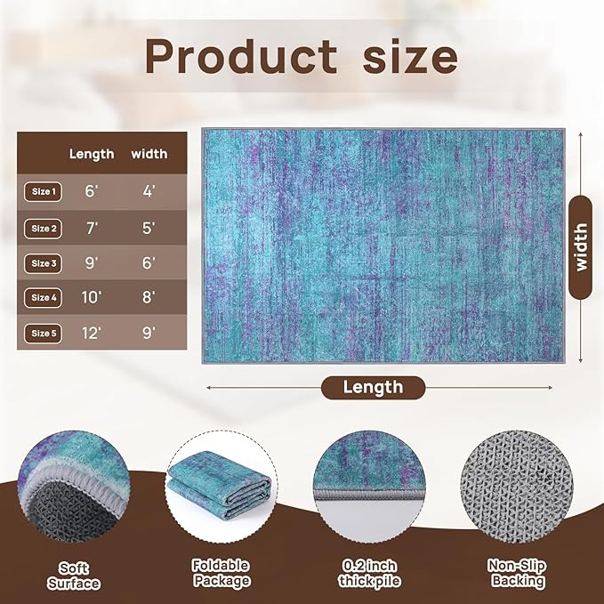 Abstract 5x7 Area Rug, Modern Teal Purple Throw Rugs for Living Room, Washable Soft Large Non-Slip Accent Carpet Floor Mat for Dining Room Office Bedroom - Teal+Purple