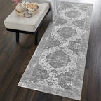vivorug Grey Runner Rug 2x10 Machine Washable Rug with Non-Slip Backing, Ideal for Kitchen Hallway Entryway Laundry Room - Vintage Floral, Durable, Easy Clean, Low Pile Carpet Runner