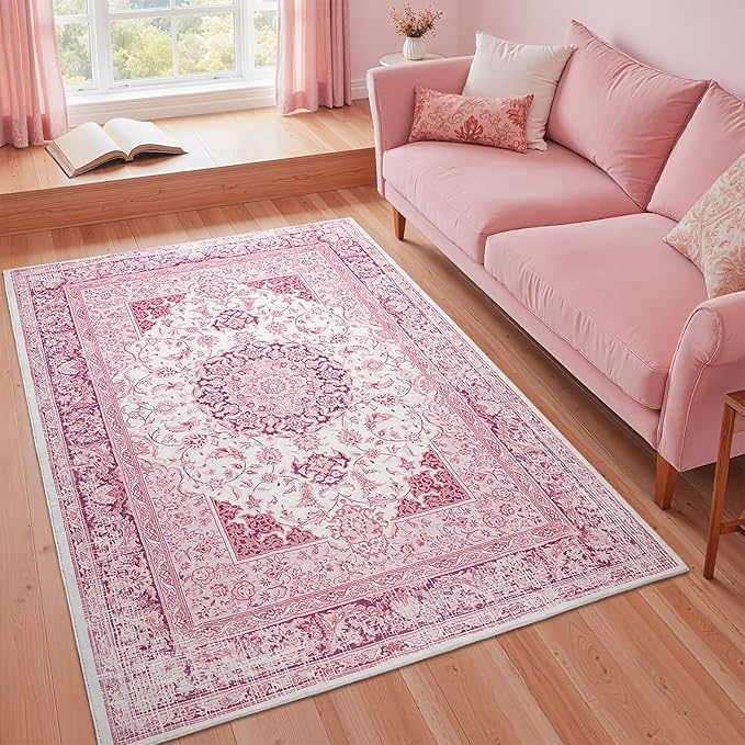 Bright Pink Area Rug for Girls Bedroom, 4x6 Machine Washable Rugs with Non-Slip Backing for Living Room, Cute Vintage Carpet for Kitchen Laundry Kids Room
