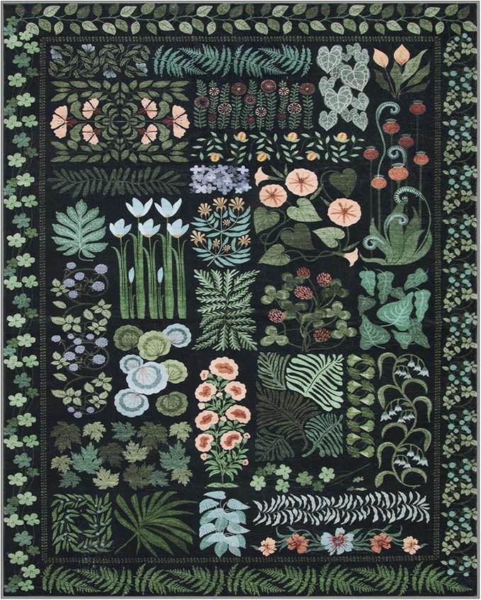 Boho Washable Living Room Bedroom Area Rug 8x10 Under Bed, Floral Large Living Dining Room Area Rugs for Under Table, Non Slip Botanical Indoor Carpet for Home Office Playroom (Black,8 x 10)