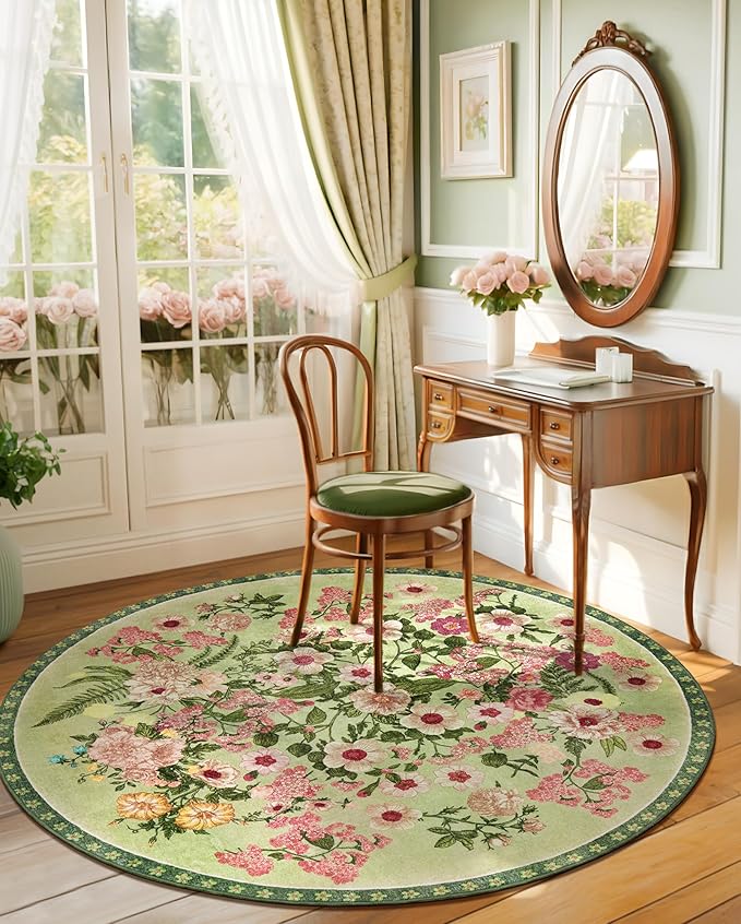 Floral Washable Round Area Rug - 6x6 Round Rugs Living Room Rug Soft Non-Slip Low Pile Large Indoor Accent Circle Carpet for Closet Bedroom Dining Room Home Office Nursery, 6ft Green