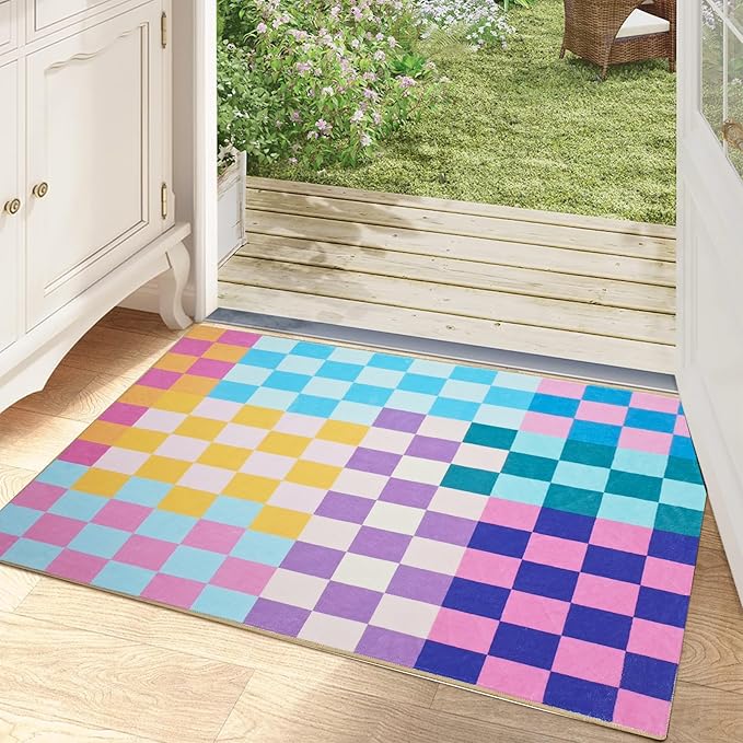 Multicolored Checkered Rug 2x3 Small Modern Aesthetics Washable Non-Slip Checkerboard Rug Indoor Entrance Carpet for Entrance Bedroom Kitchen Bathroom