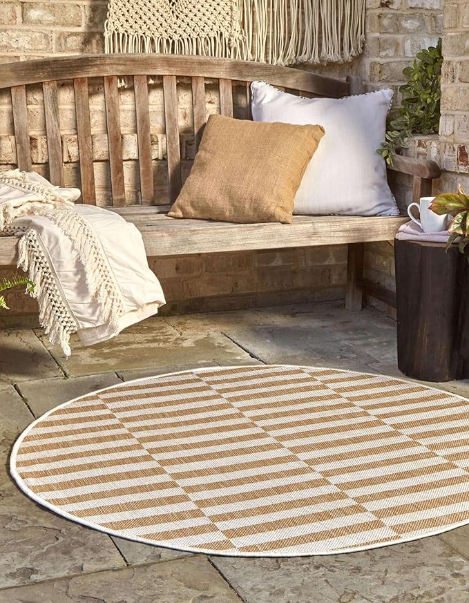 Unique Loom Outdoor Striped Collection Area Rug - Striped (5' 3" Round Taupe/Ivory)
