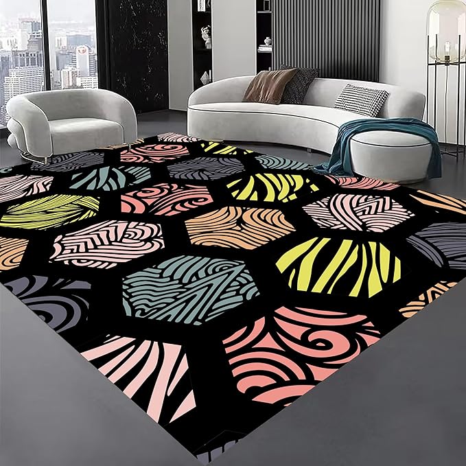 Large Living Room Area Rug 7x9ft,Modern Geometric Rugs, Multicolor Low Pile Farmhouse Carpet, Machine Washable & Non-Slip Non-Shedding for Classroom, Bedroom & Dorm