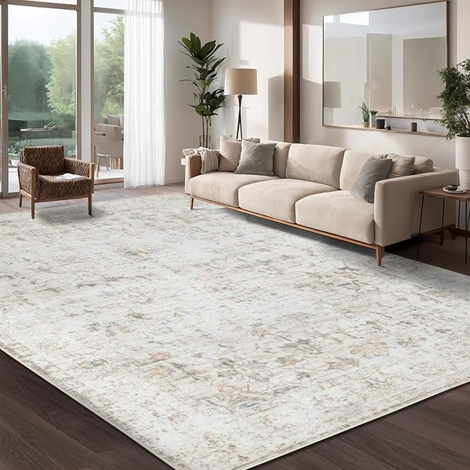Washable 9×12 Area Rug for Living Room, Vintage Floral Rug Soft Non Slip Stain Resistant Boho Carpet for Indoor Bedroom Dinning Room Home Office Beige