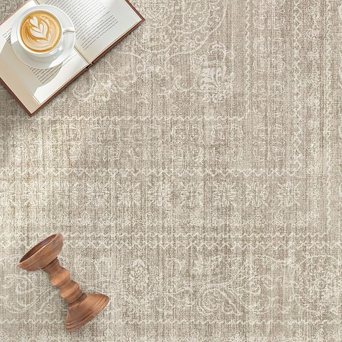 10x14 Area Rugs Living Room: Washable Large Vintage Rug Neutral Non-Slip Soft Stain Resistant Indoor Carpet for Bedroom Nursery Dining Room Under Table Bed Home House Office Playroom - Brown