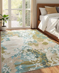 Washable Abstract Rug, 5x7 Willow Green and Blue Floral Area Rugs with Non-Slip Rubber Backed for Bedroom, Low Pile Modern Throw Carpet Kitchen Living Room Decor