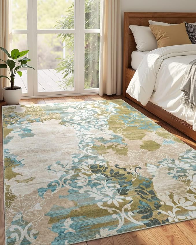 Washable Abstract Rug, 8x10 Willow Green and Blue Floral Area Rugs with Non-Slip Rubber Backed for Living Room, Low Pile Modern Throw Carpet Bedroom Dining Room Decor