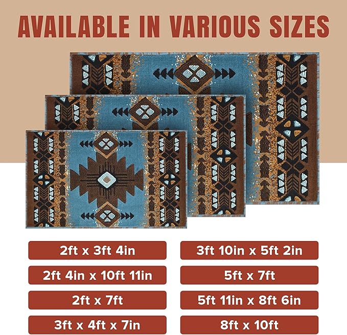 YHSF South West Native American Area Rug C318 - Easy Clean, Thick, Soft, Durable Native Tribal American Indian Inspired Rug for Bedroom/Living Room and More - Blue-Brown, 3 ft 10 in x 5 ft 2 in