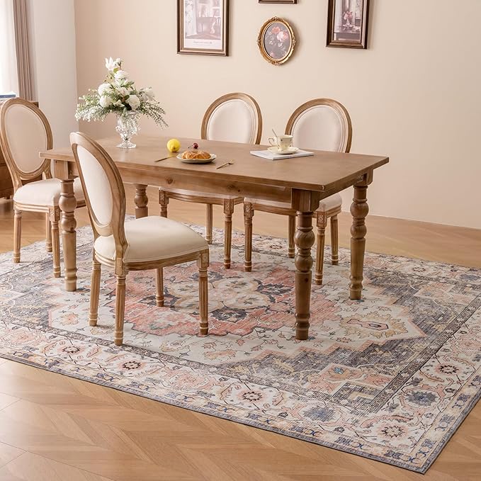 VK VK·LIVING Machine Washable Rug 6'x9' Vintage Design Washable Area Rugs with Non Slip Rugs for Living Room Bedroom Traditional Woven Carpet Stain Resistant, Dining Office Boho Rug (Mistyrose)