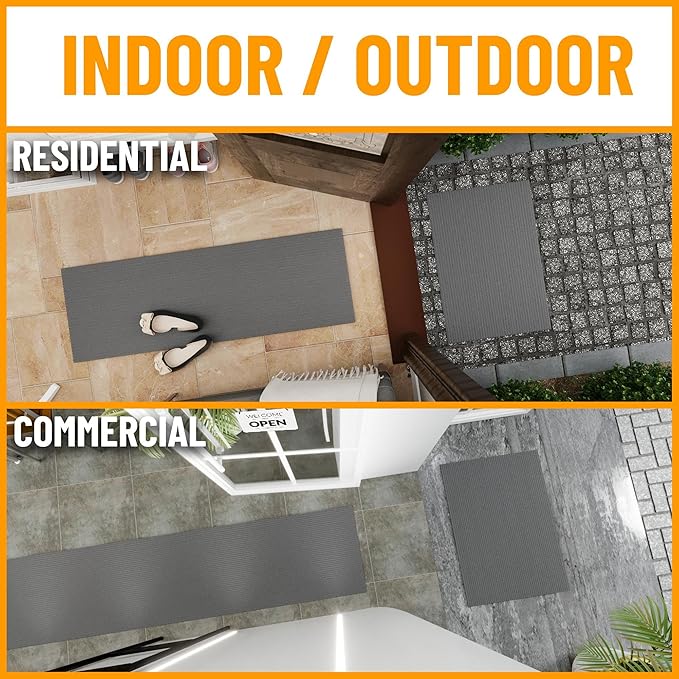 Ottomanson 2' x 23' Hallway Runner with Scraper Pile Extra Durable Non-Slip Rug Mat for Indoor & Outdoor Use - Ideal for Kitchen, Entryway, Patio & Garage - High-Traffic Carpet, Gray