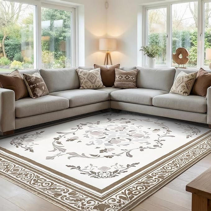 SOULFUL Medium Pile 3x5 Area Rug - Cozy Soft Underfoot Small Entryway Rug - Brown Boho Floral - Washable Non-Slip - Perfect for Living Room Bedroom Foot Kids Room Reading Nook