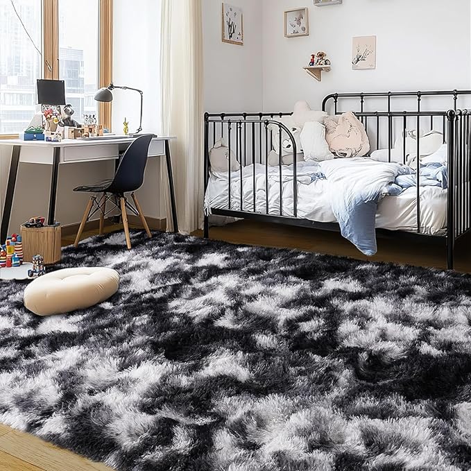 Fluffy Rug for Living Room Shaggy Area Rug High Pile Fuzzy Rug Non-Slip Indoor Floor Carpet Plush Area Rugs for Living Room Tie Dye Black White 6x9