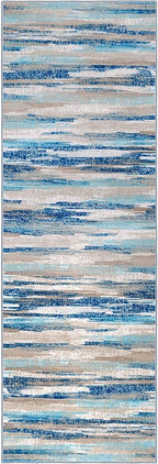 Modern Abstract Runner Rug 2.6x10, Blue Washable Long Kitchen Runner Non-Slip Soft Hallway Rug Runner Thin Print Faux Wool Carpet for Entryway Bedroom Laundry Room Indoor Home Decor