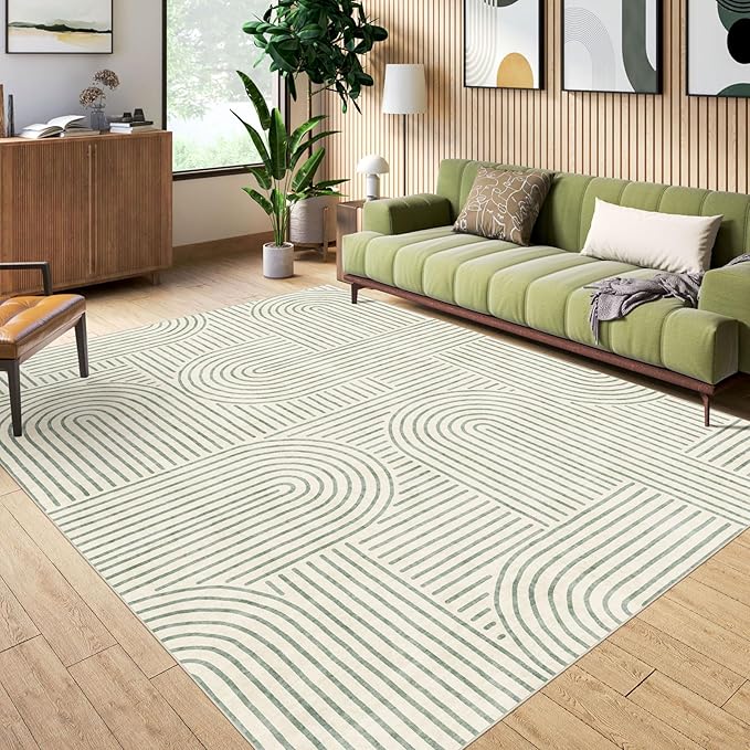 6x9 Area Rug - Large Modern Abstract Washable Non-Slip Sage Green Living Room Rug Rainbow Low-Pile Soft Floor Carpet for Bedroom Dining Room Office Nursery Home Decor