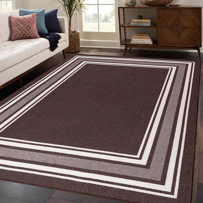 Beverly Rug Non Slip Area Rugs 3x3 Modern Bordered Non Skid Rubber Backing Soft Area Rug for Living Dining Room Easy to Clean Non Shedding Kitchen Bedroom Indoor Carpet 3 x 3 Brown