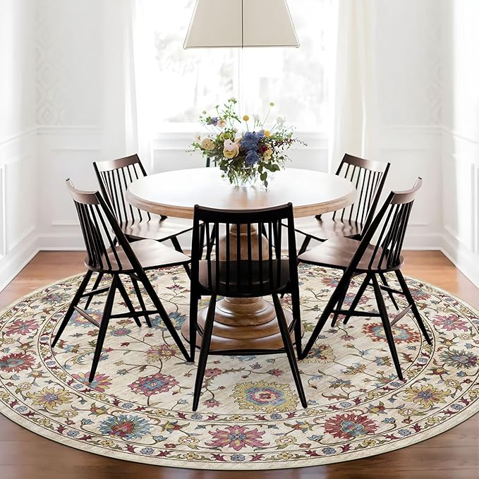 Washable Round Area Rug 4ft - Cream Colorful Traditional Floral Boho Living Room Circle Rug 4x4 Non-Slip Carpet Soft Vintage Bohemian Round Rugs for Bedroom Bathroom Kitchen Nursery